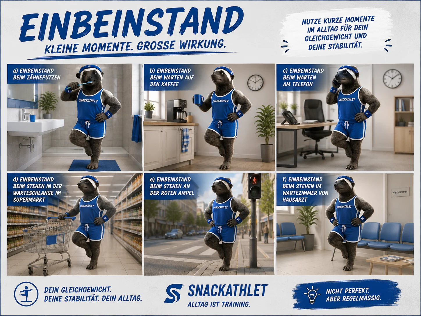 SnackAthlet Poster: Einbeinstand in verschiedenen Alltagssituationen