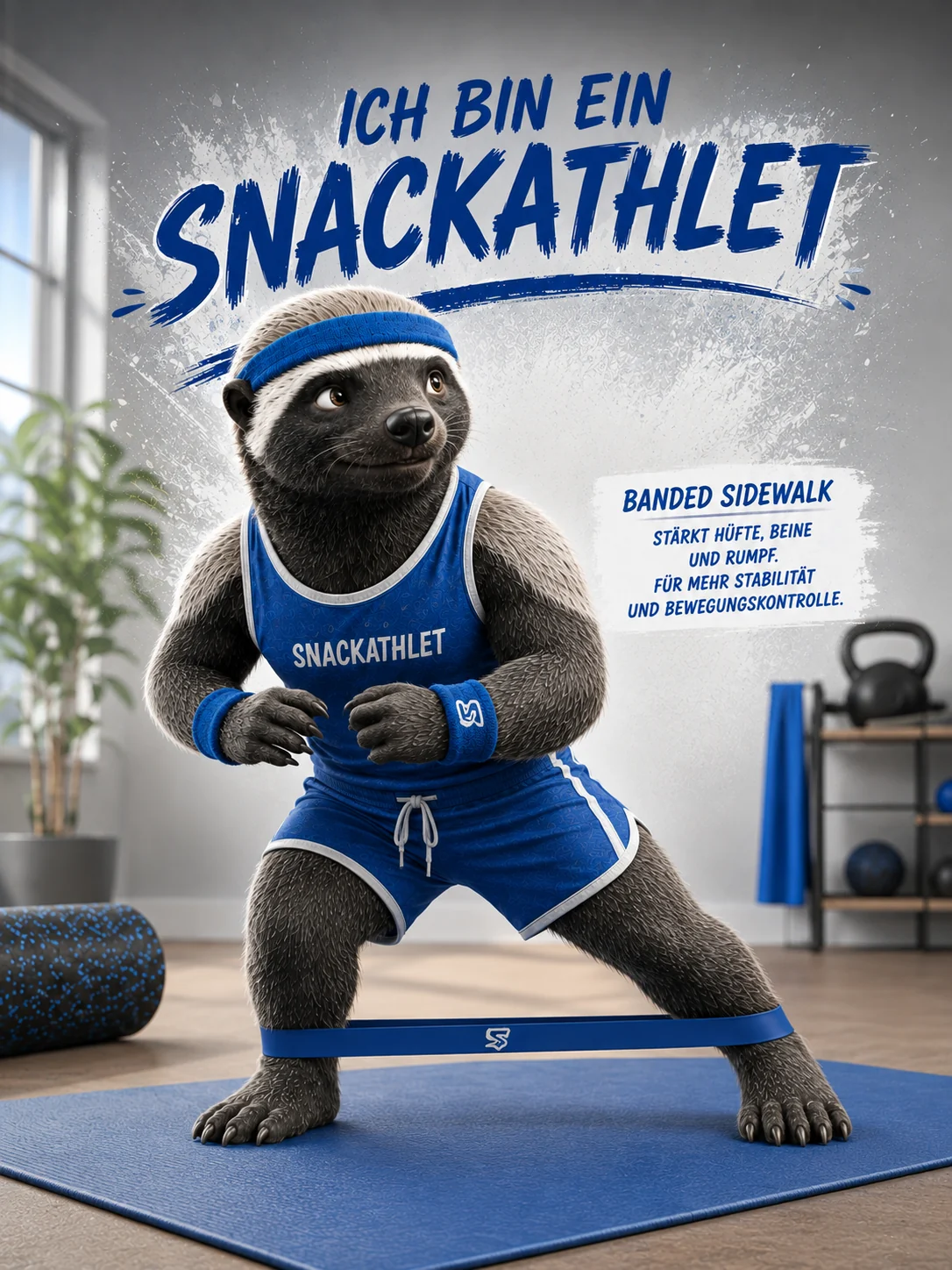 SnackAthlet mit Widerstandsband beim seitlichen Schritt